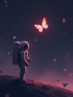 Astronaut gazes at glowing butterfly in space