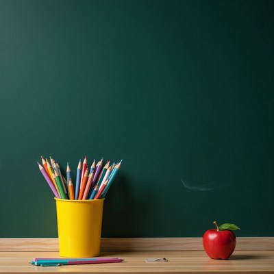 Colorful pencils and a red apple on a classroom desk