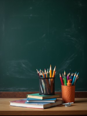 Colorful stationery and books on a classroom desk