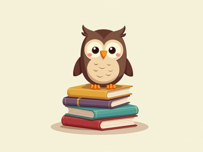Cute owl perched on colorful books in an educational setting
