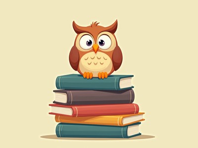 Owl perched on stack of colorful books in a playful setting