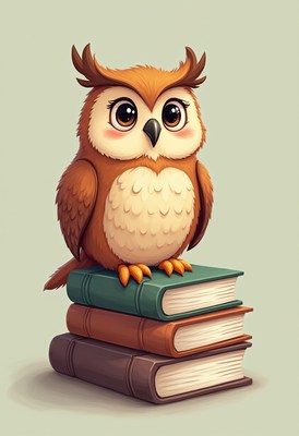 Owl perched on stack of colorful books in cartoon style