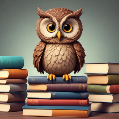 Owl perched on colorful stack of books in cozy setting