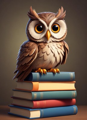 Owl perched on colorful books in a cozy setting