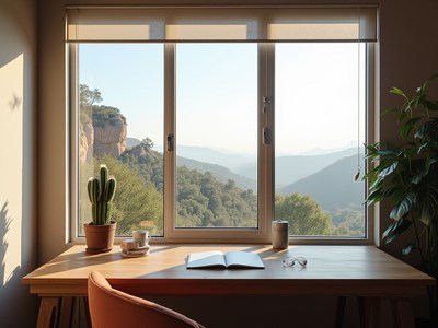 Cozy workspace with mountain view in morning light