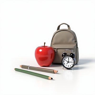 School supplies arranged on a table with an apple