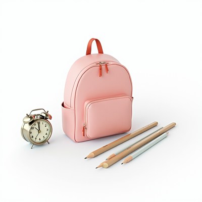 School supplies arranged with backpack and clock