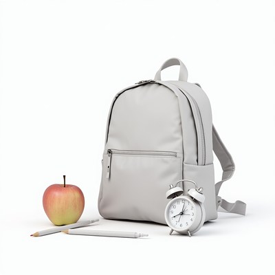 Backpack, apple, and clock arranged on a clean surface