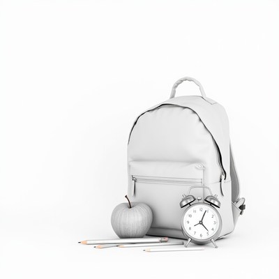 Backpack with apple and clock on a white background