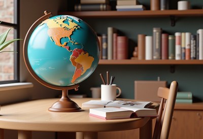 Globe on a wooden table in a cozy study room