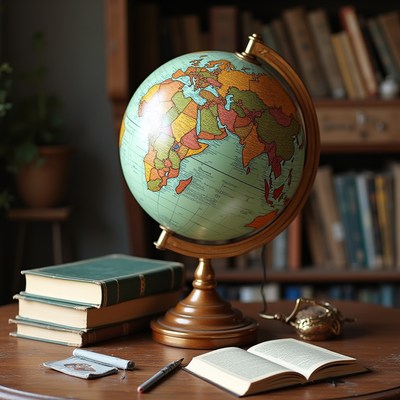 Detailed globe on a wooden table with books at home