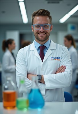 Young scientist smiles confidently in laboratory setting