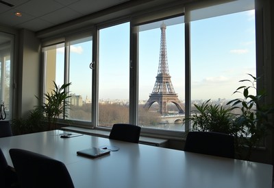 View of the eiffel tower from a modern office space