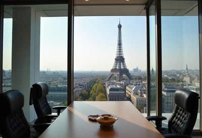 Modern office view overlooking the eiffel tower in paris