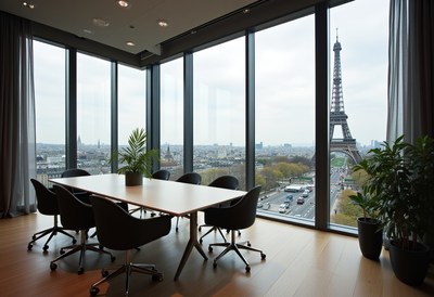 Modern conference room with a view of the eiffel tower