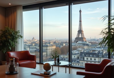 View of the eiffel tower from a modern urban apartment
