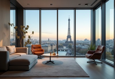 Cozy living room with eiffel tower view at sunset