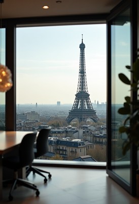 View of eiffel tower from modern office space in paris