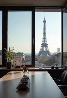 View of eiffel tower from a modern office window