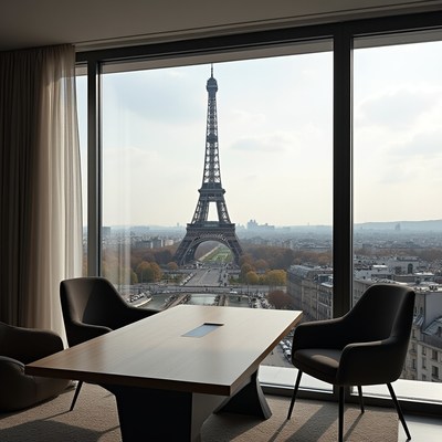 Modern office with view of eiffel tower in paris