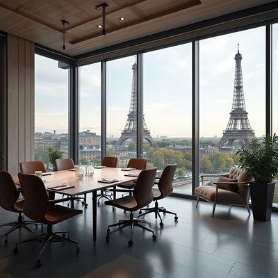 Meeting room with eiffel tower view overlooking paris