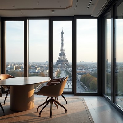 View of eiffel tower from modern parisian interior