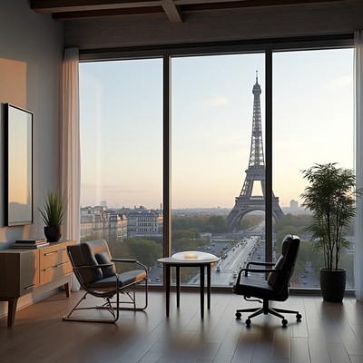 Modern interior with eiffel tower view at sunset