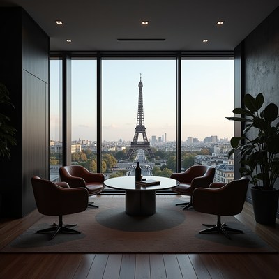 Modern office overlooking the eiffel tower in paris