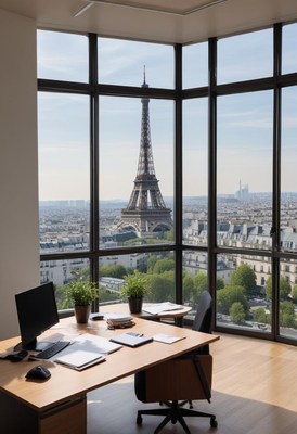 Office view of eiffel tower in paris on a sunny day