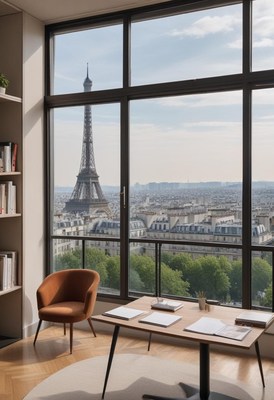 Modern workspace with eiffel tower view in paris