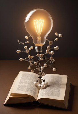 Creative lamp design with lightbulb and molecular model