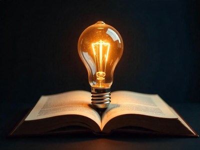 Light bulb rests on open book symbolizing knowledge