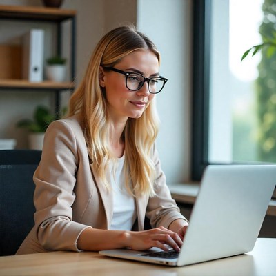 Professional woman working on laptop in modern office