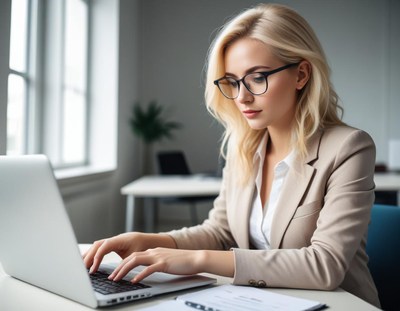 Professional woman typing at modern workspace