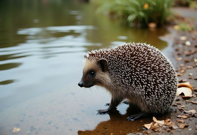 Hedgehog by the tranquil water at sunset