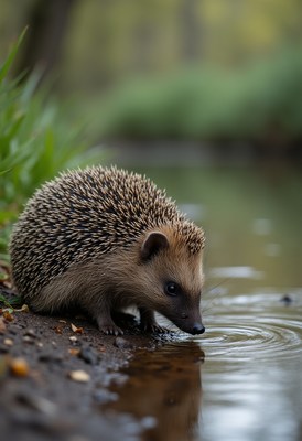 Hedgehog drinks water by the river in a tranquil setting