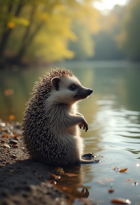 Hedgehog relaxing by the river during golden hour