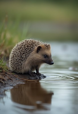 Hedgehog approaches water at dawn in serene natural setting