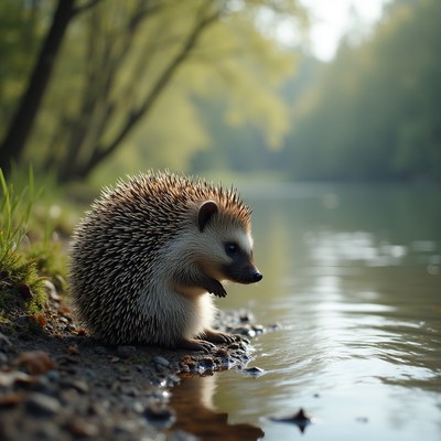Hedgehog near the riverbank at dawn