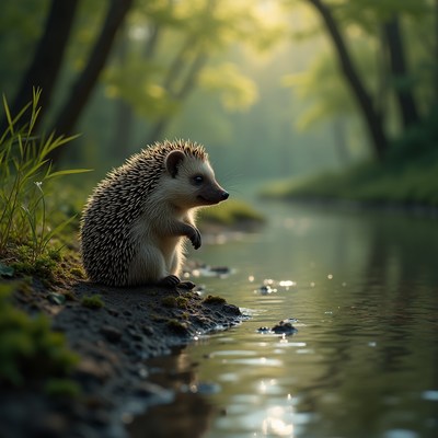 Hedgehog sits by a tranquil river in a serene forest