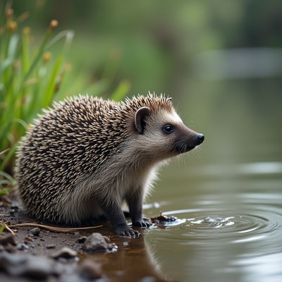 Hedgehog by the water at sunset near a serene pond