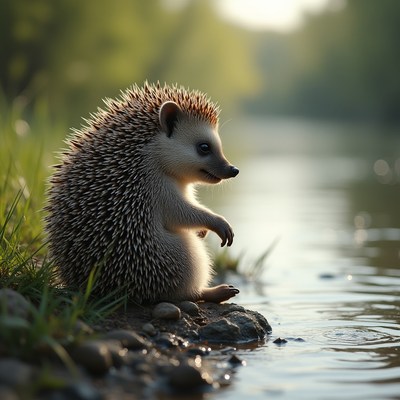 Hedgehog by the river enjoying a quiet moment