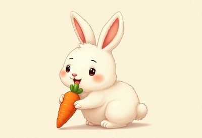 Cute bunny happily nibbling on a carrot in a playful mood