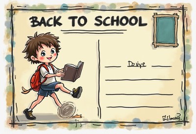 Back to school postcard design featuring a cheerful boy