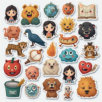 Colorful cartoon stickers featuring animals and characters