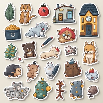 Cute animal stickers and fun objects on light background