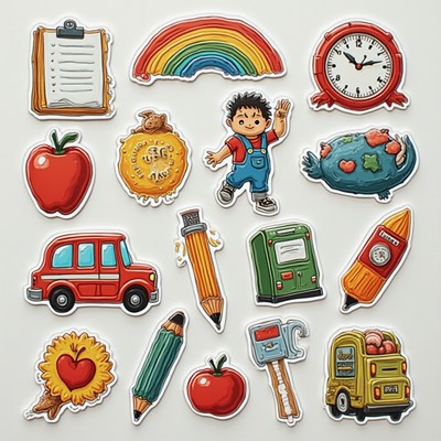 Colorful stickers featuring school and childhood themes