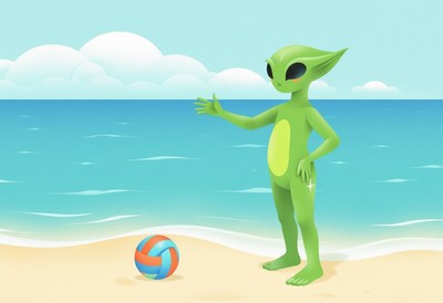 Alien enjoys playful day on the beach with volleyball