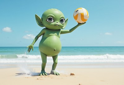 Green creature plays volleyball on sunny beach