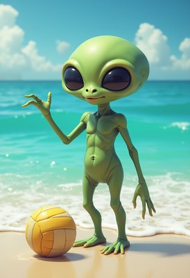 Green alien enjoying beach volleyball by the seaside